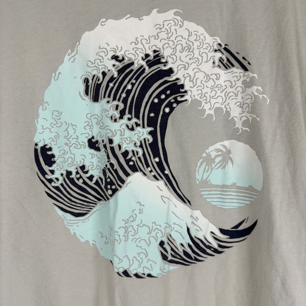 Men's Gray Blue Wave Graphic T-Shirt Size L Ocean Surf Beach Tee